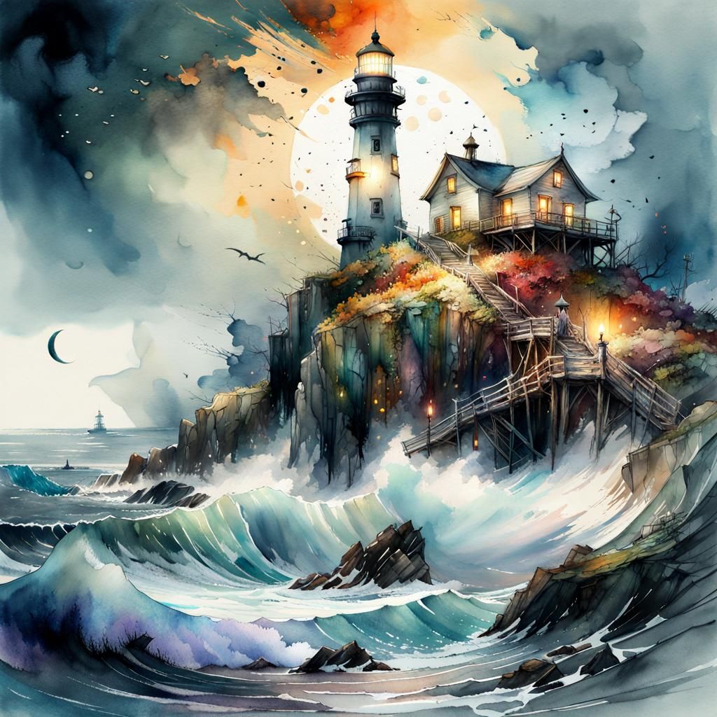 Chaotic Moonscape Lighthouse in Watercolor Style