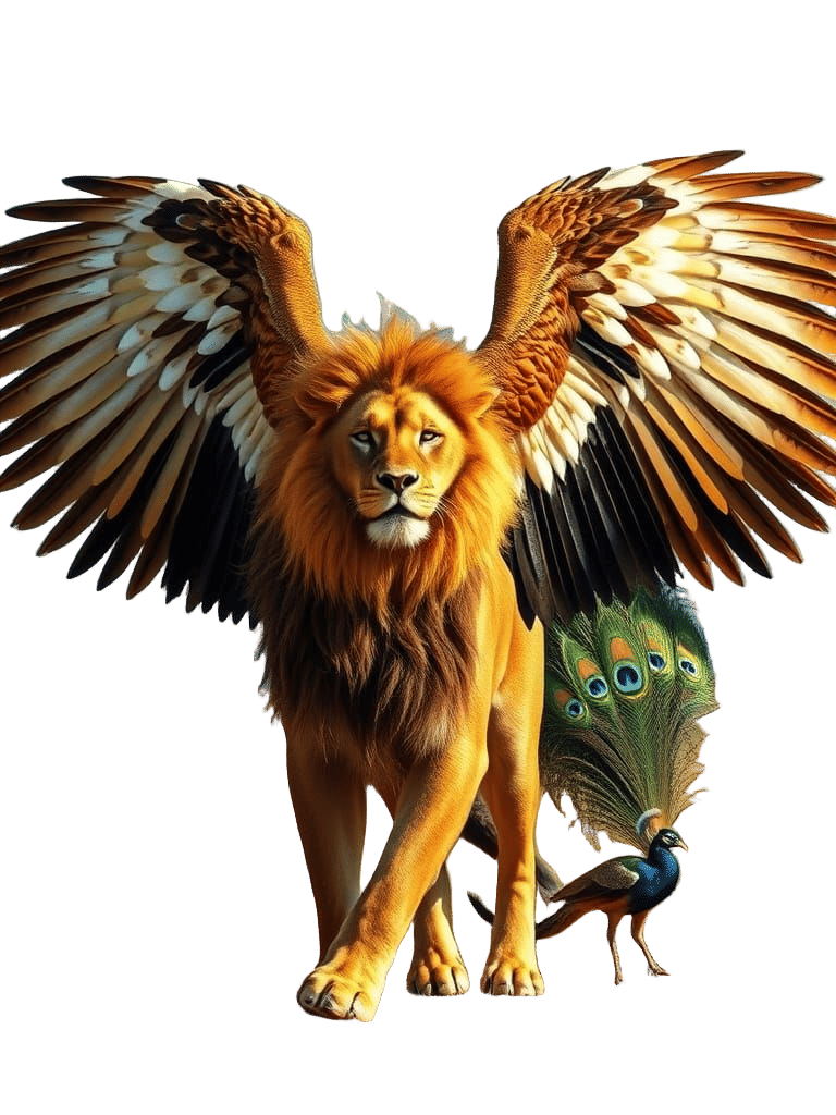 Cyberpunk Lion with Eagle Wings and Peacock Tail