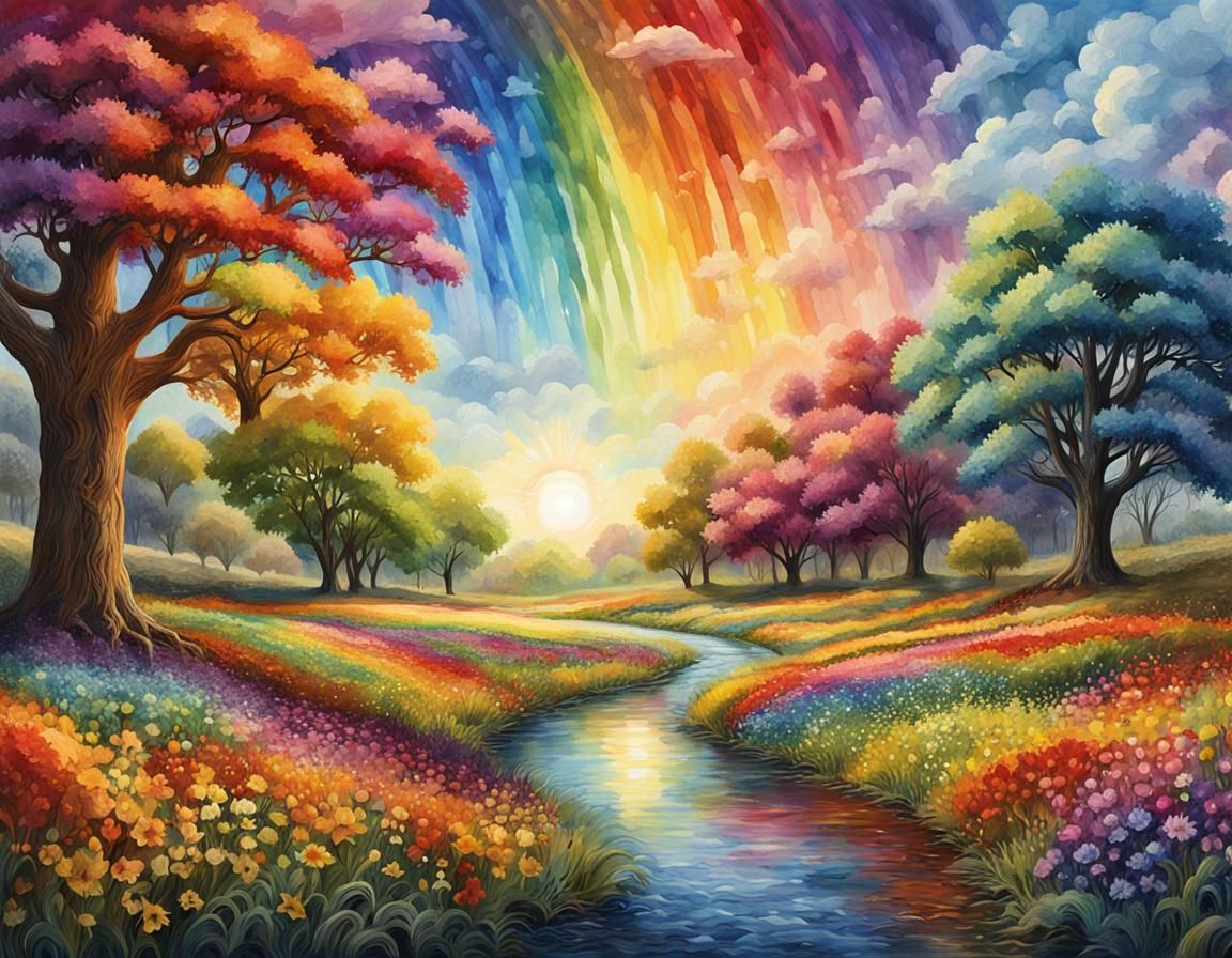 Rainbow Oak Tree in a Vibrant Garden Painting