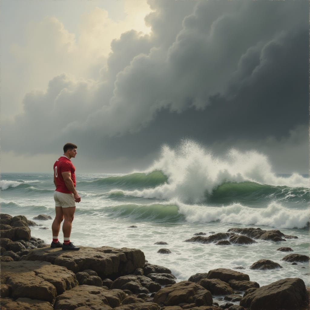 Rugby Player on Stormy Shore: Turner & Homer Style