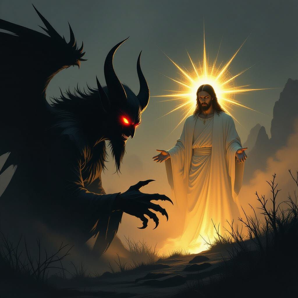 Demon Confronts Serene Figure in Dark Fantasy Art