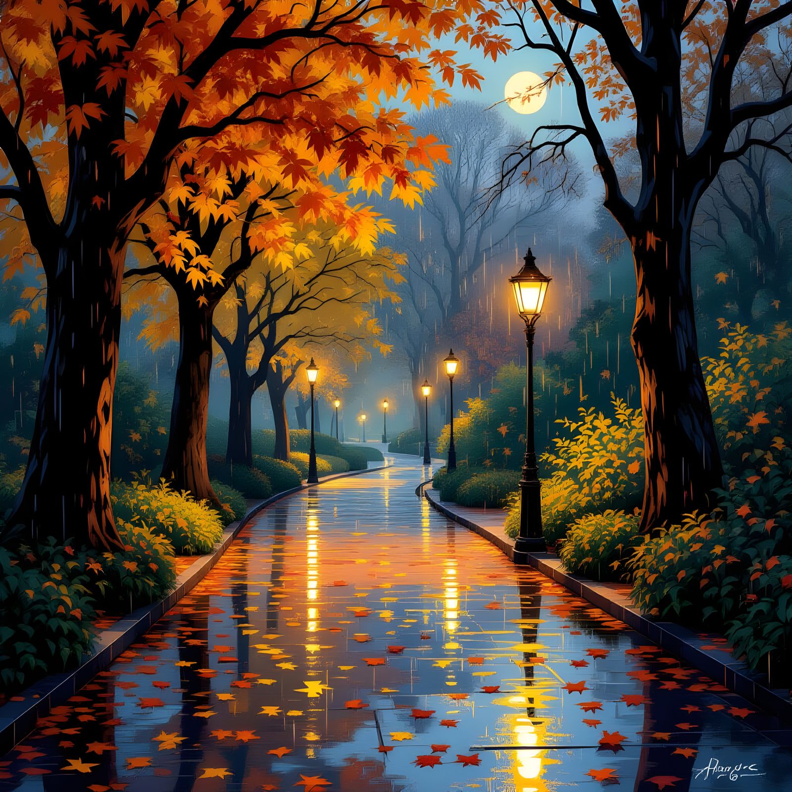 Autumn Evening Rain: Golden Park Path in Expressionist Style