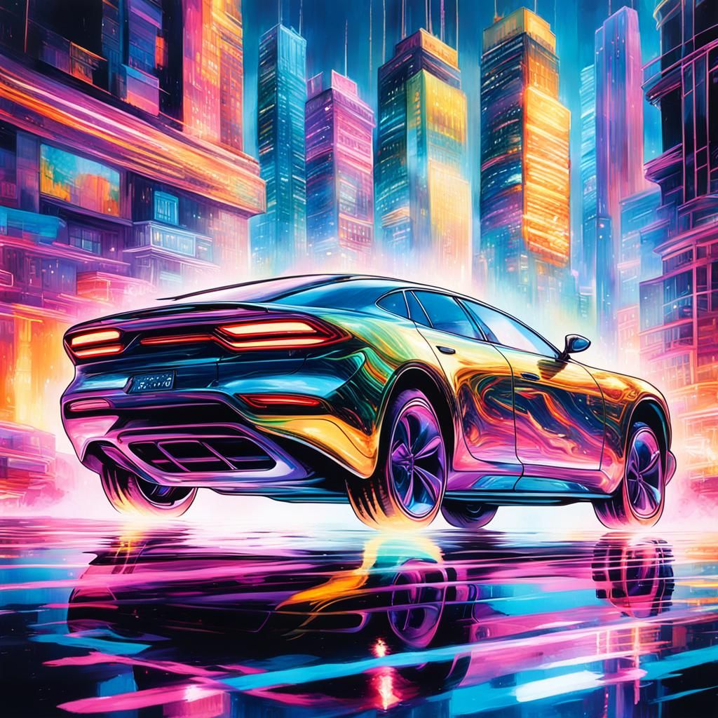 Futuristic Car in Cityscape: Airbrush Art