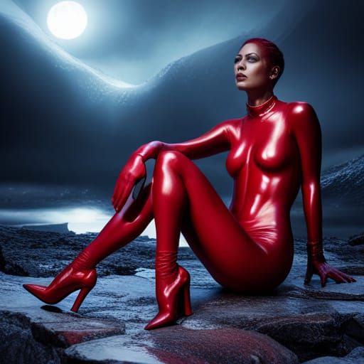 Woman in Red Latex Catsuit: Detailed Digital Painting