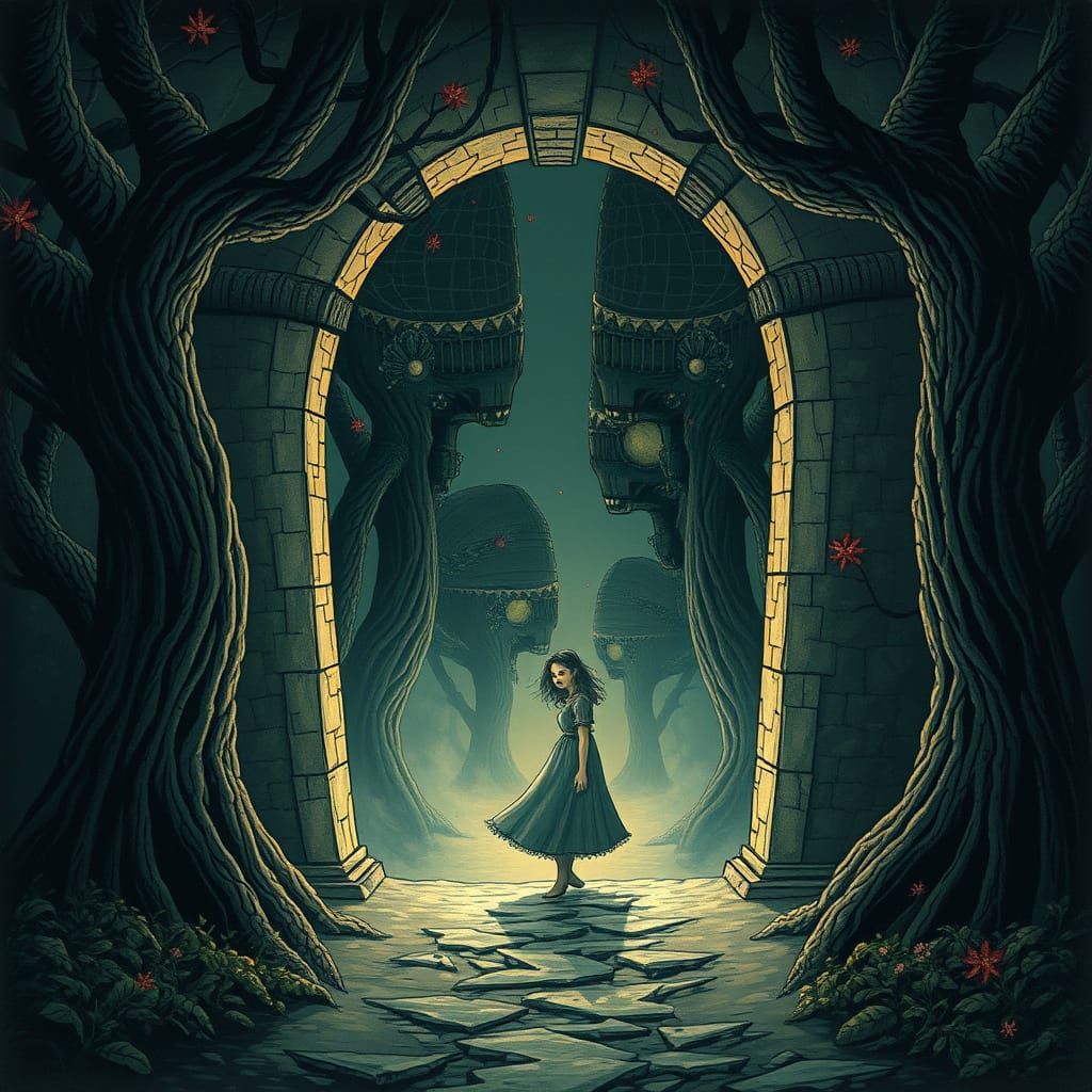 Mystical Gateway: Woman in a Dark, Whimsical World