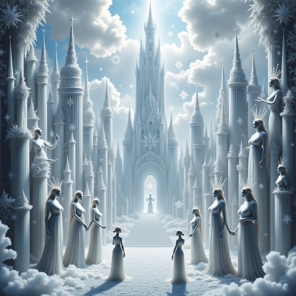 Silver Castle Rises Amongst White Clouds with Crystal Floor....