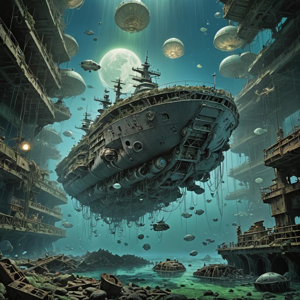 Ocean Floor Sanctuary: USS Eisenhower in Ink Wash Style