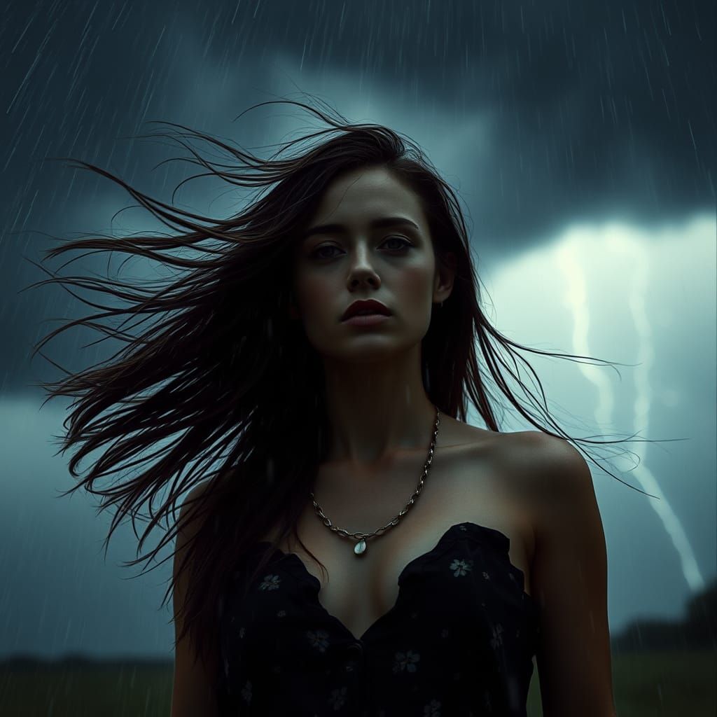 Woman in Torrential Storm: Cinematic Still