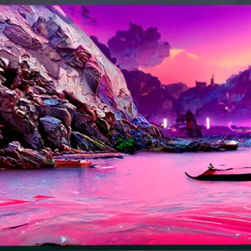 Pink and Purple Sunset Rowing Boat: Fantasy Art