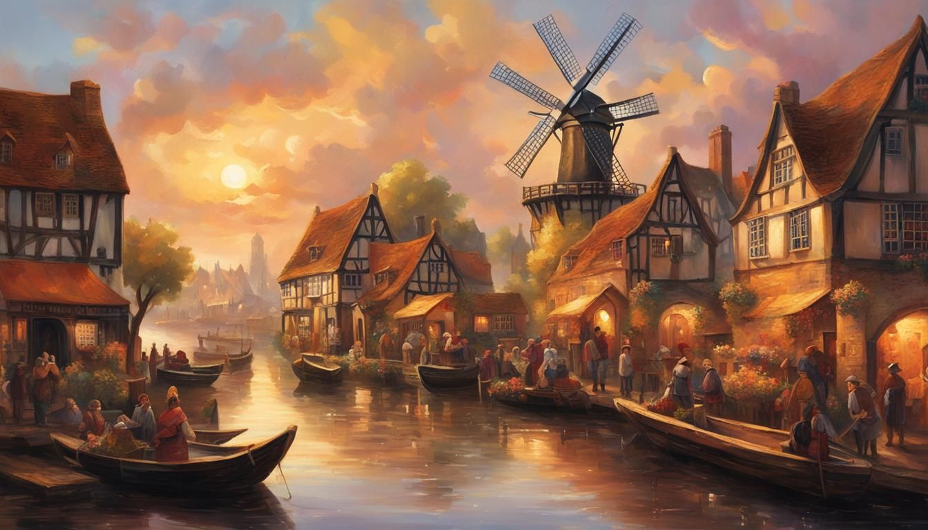 Tudor market village on the river at sundown