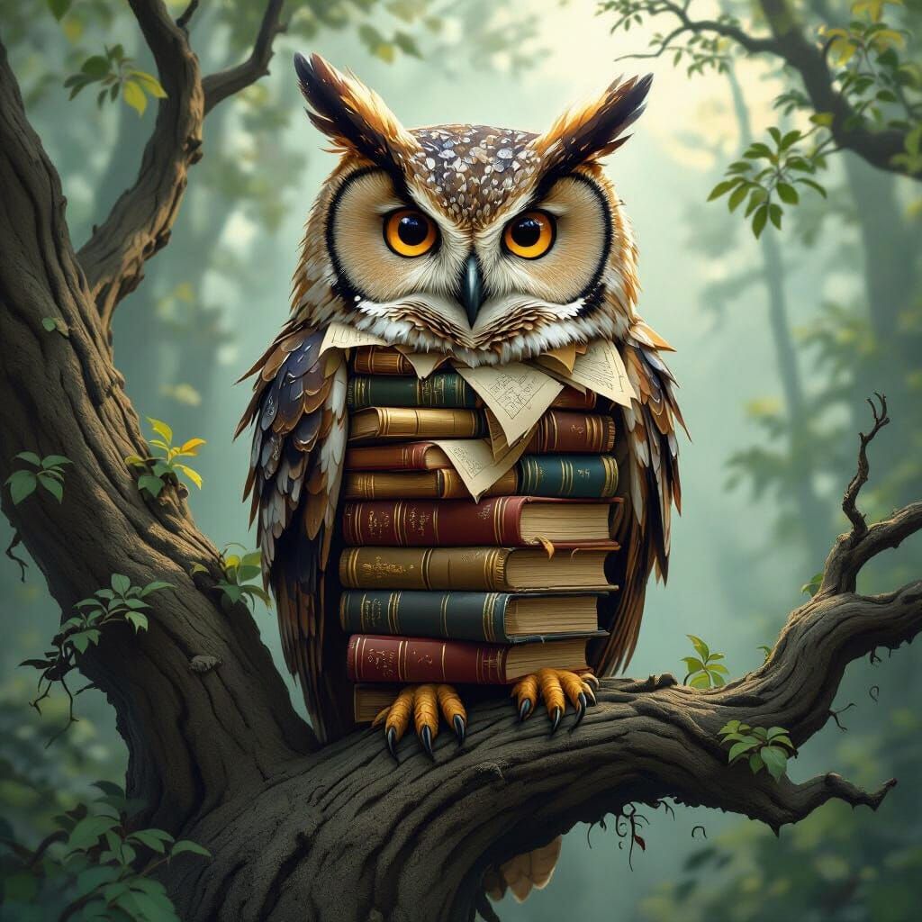 Book Owl in Misty Forest, Art Nouveau Style