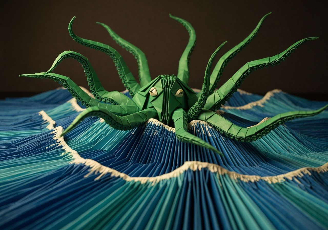 Origami Kraken Emerges from Folded Ocean, Vintage Woodcut