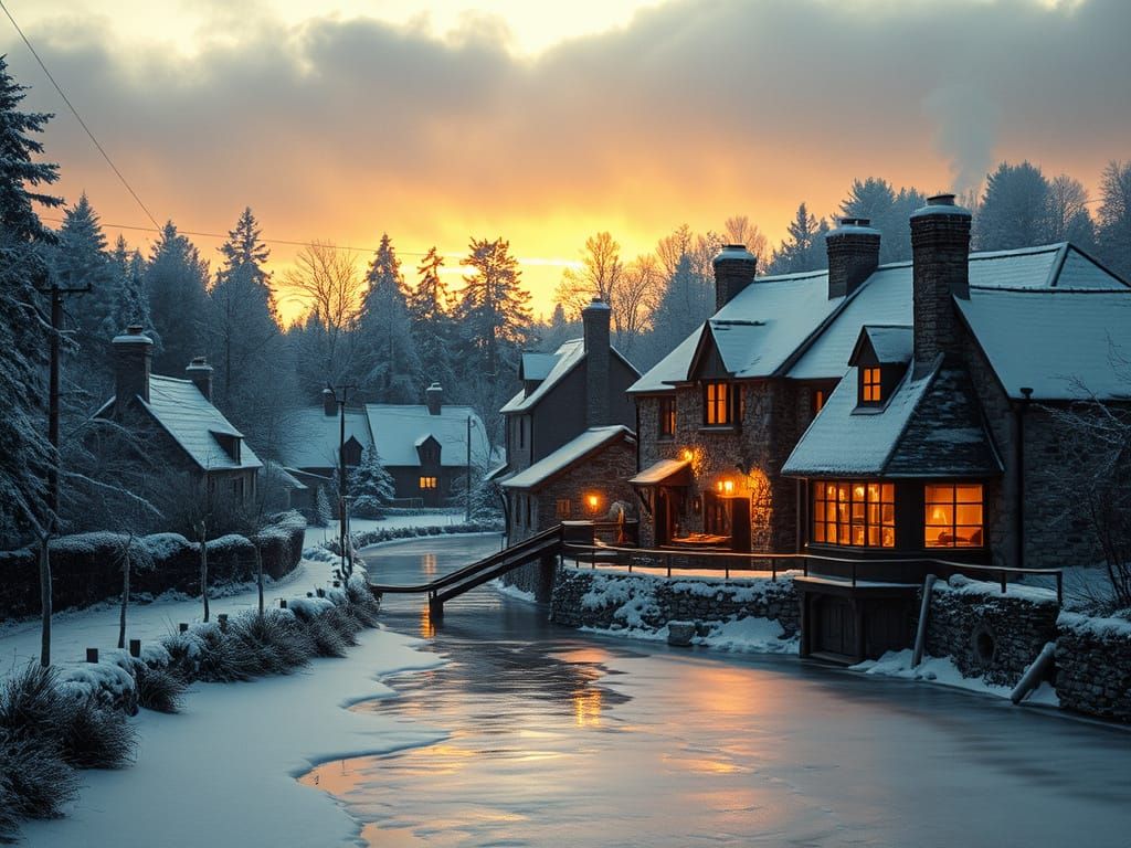 Winter Village Scene with Cinematic Lighting