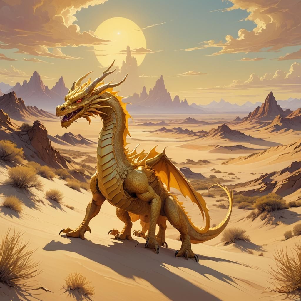 Mythical Dragon in Sun-Kissed Desert Landscape