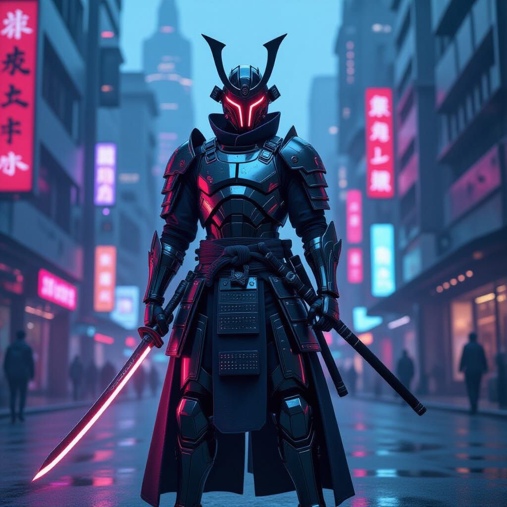 Cyberpunk Samurai in Neon Cityscape