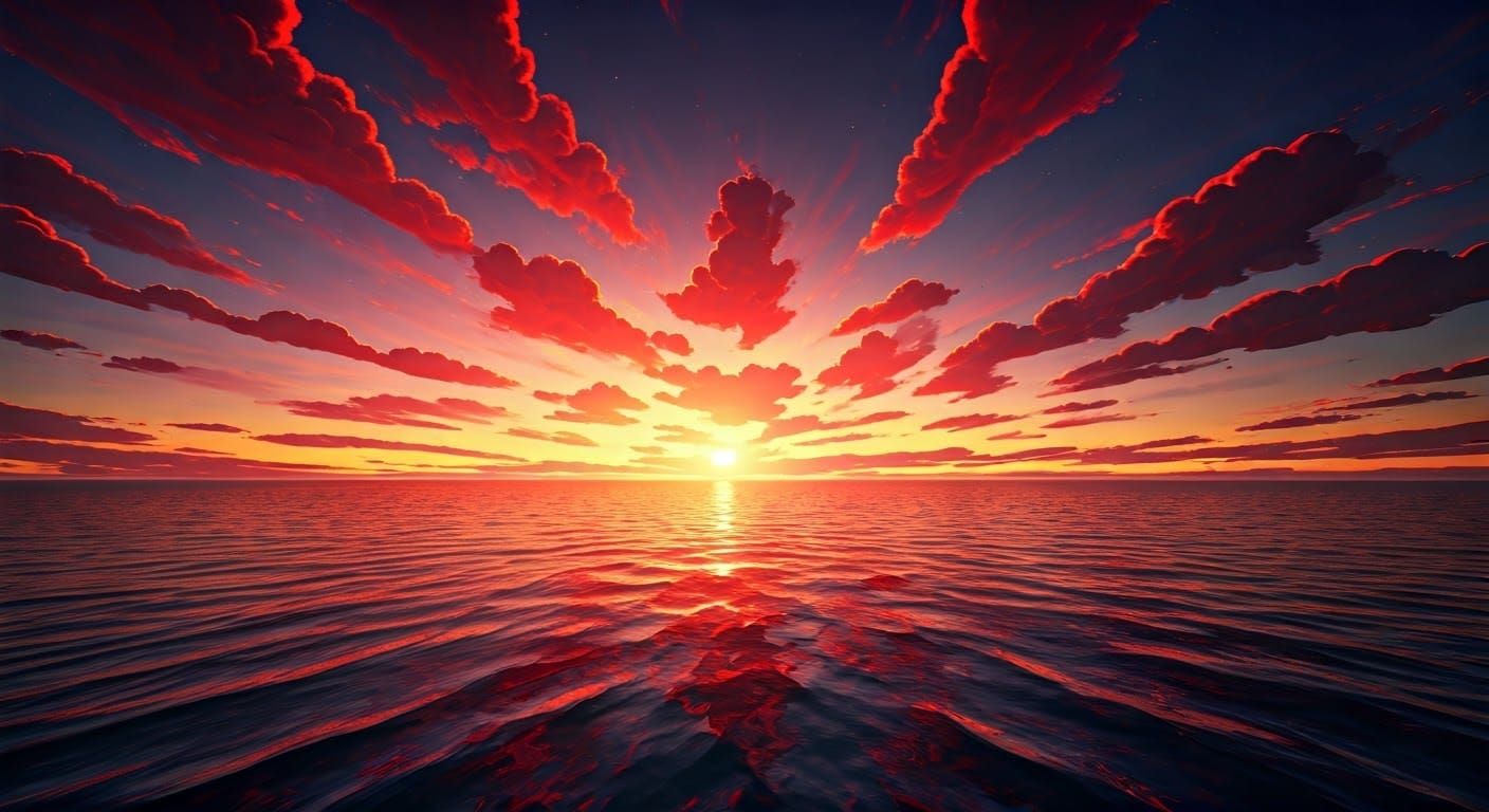 Silkpunk Japanese Ocean with Red Clouds, Detailed Oil Painti...