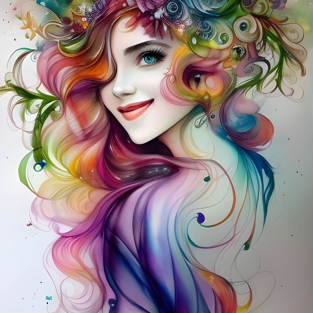 Rainbow Smiling Girl in Watercolor Style