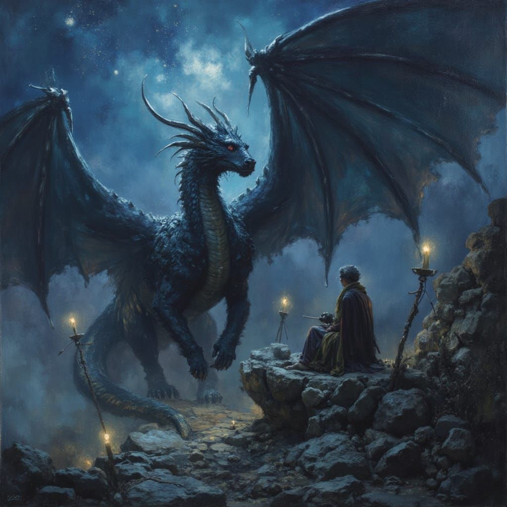 Ominous Dragon in Midnight Aura, Oil On Canvas Style