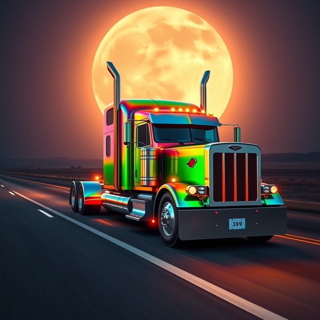 Rainbow Semi Truck Speeds Down Dark Freeway with Flames