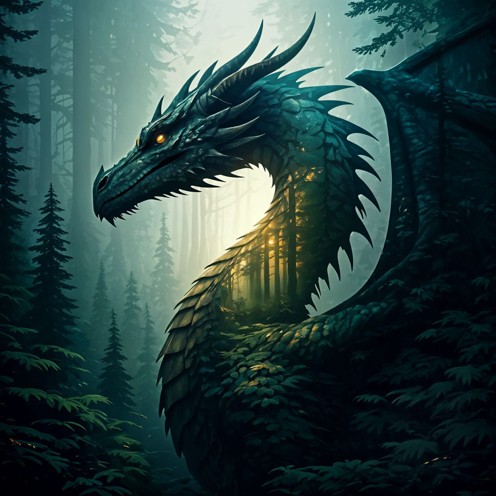 Fantasy Dragon Embodied by Forest Nature in Matte Painting