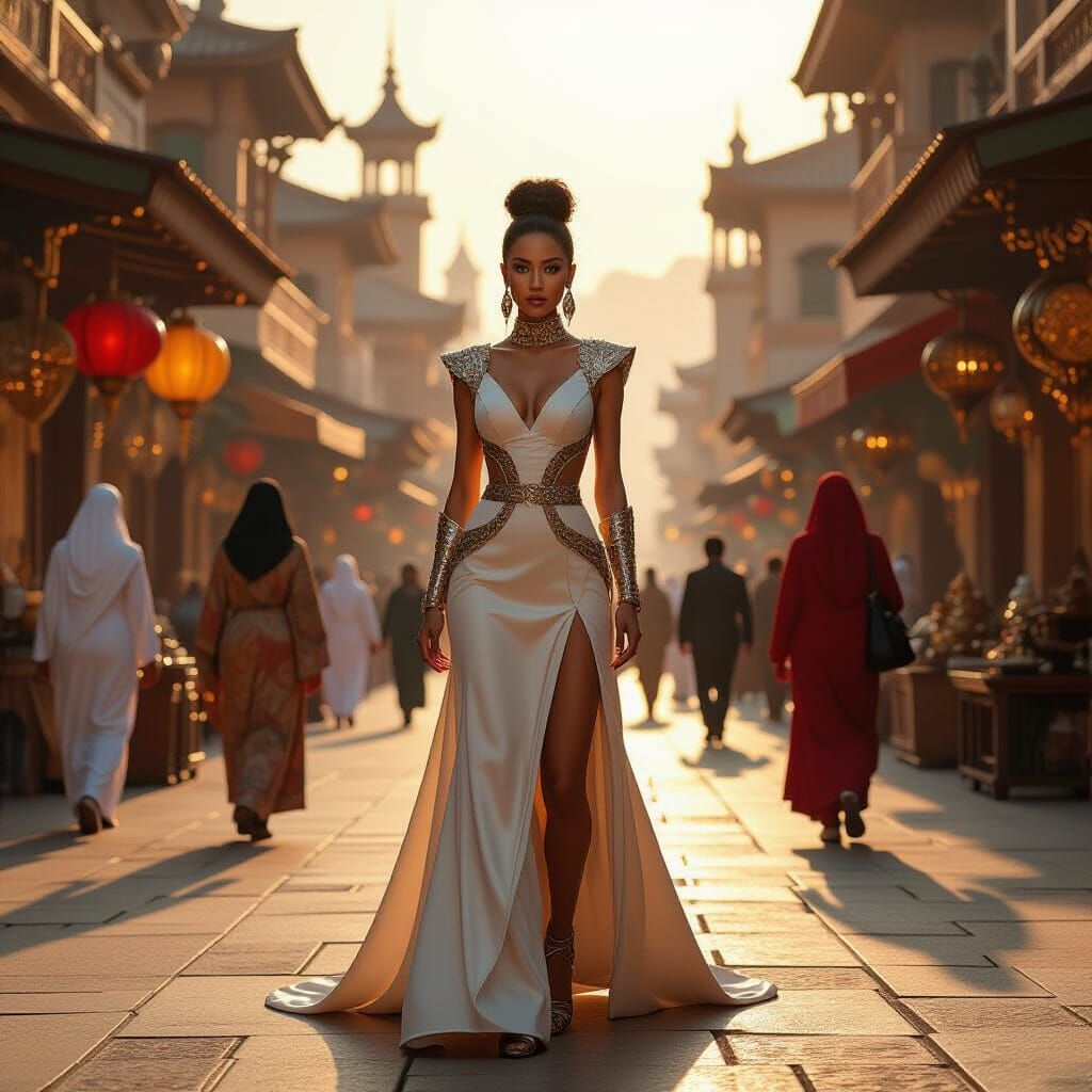 Futuristic Figure in Bustling City Square