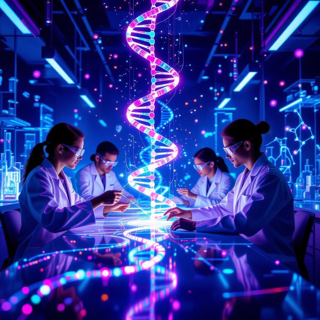 Futuristic Lab with DNA Filaments in Neon Synthwave Light