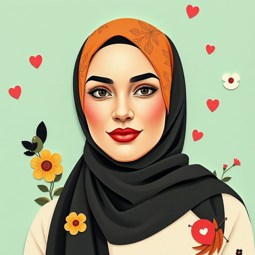 Whimsical Portrait of a Beautiful Hijabi Woman in Garden Set...