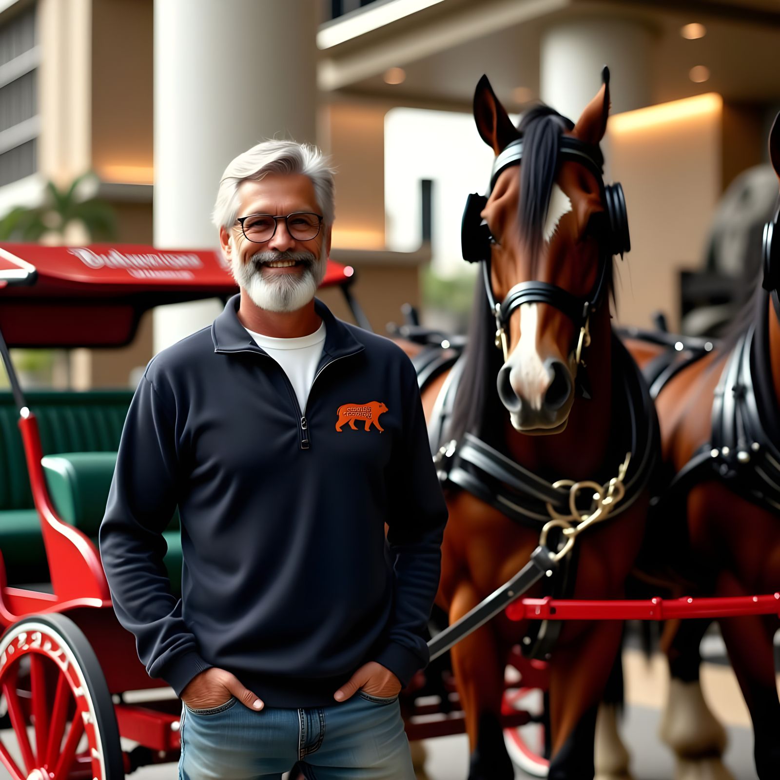 Friendly Gentleman Stands Beside a Vintage Horse-Drawn Carri...
