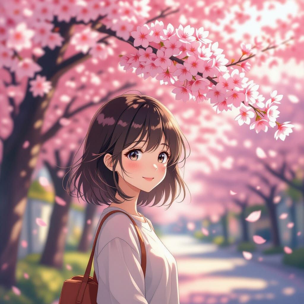 Anime Girl Under Cherry Blossoms in Warm Sunlight