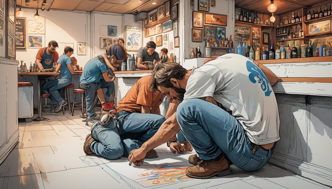 Man Creates Childlike Drawing on Bar Wall as Concept Art