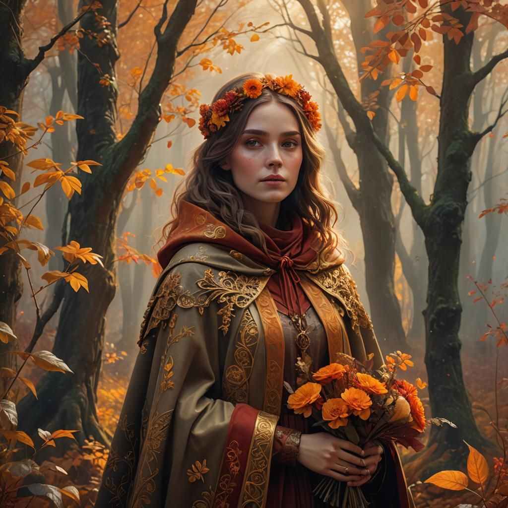 Enchanting Autumn Flower Girl in Fantasy Forest
