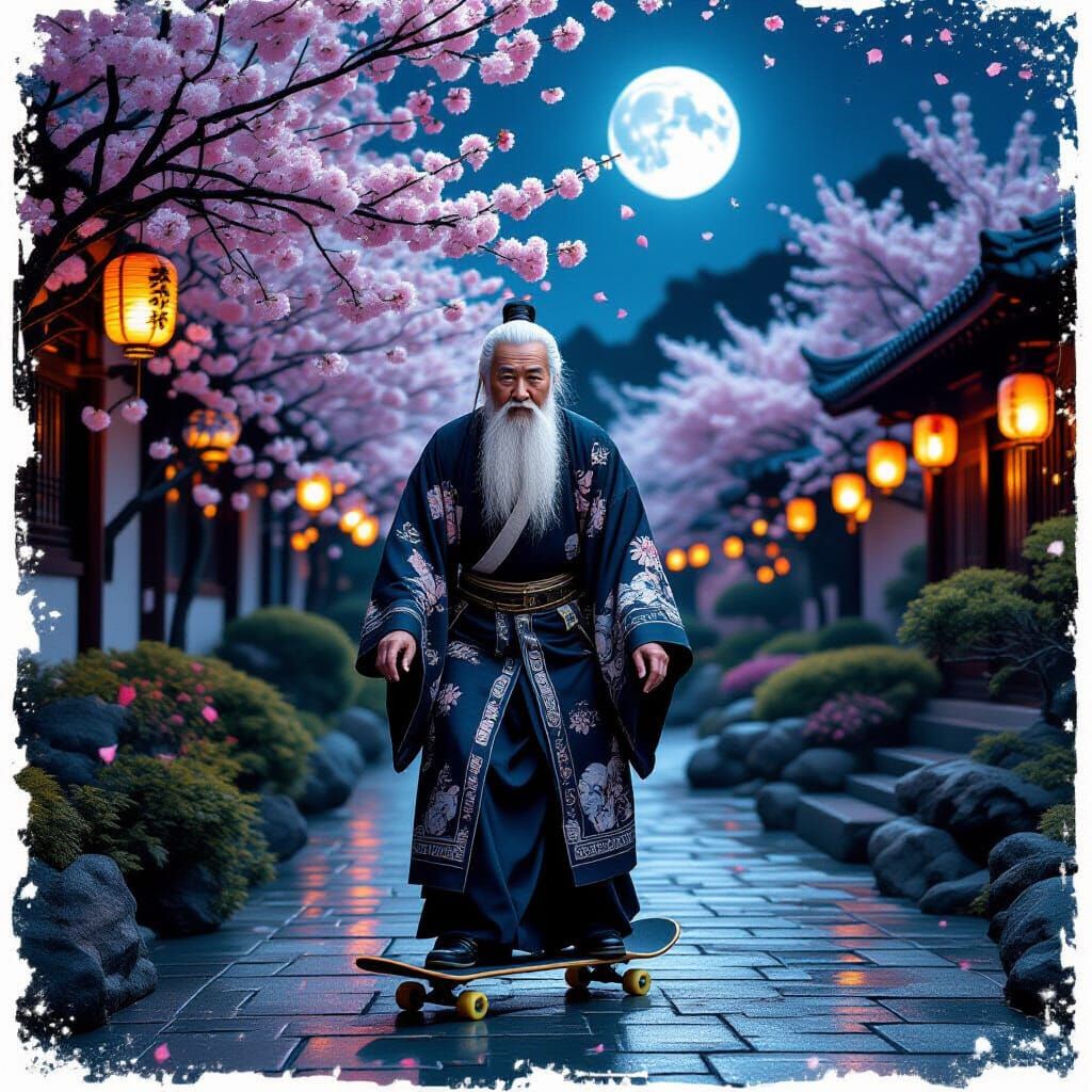 Chinese Man Skateboarding in Moonlit Cherry Blossom Garden