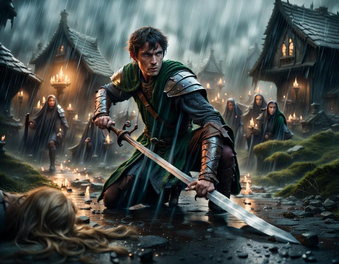 Heroic Warrior Defends Elf Maiden in Fantasy Battle