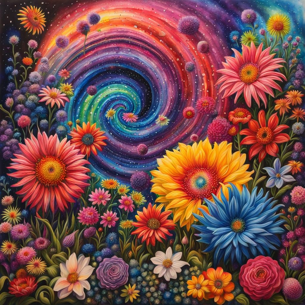 Colourful Flowers in Galactic Watercolour Diorama