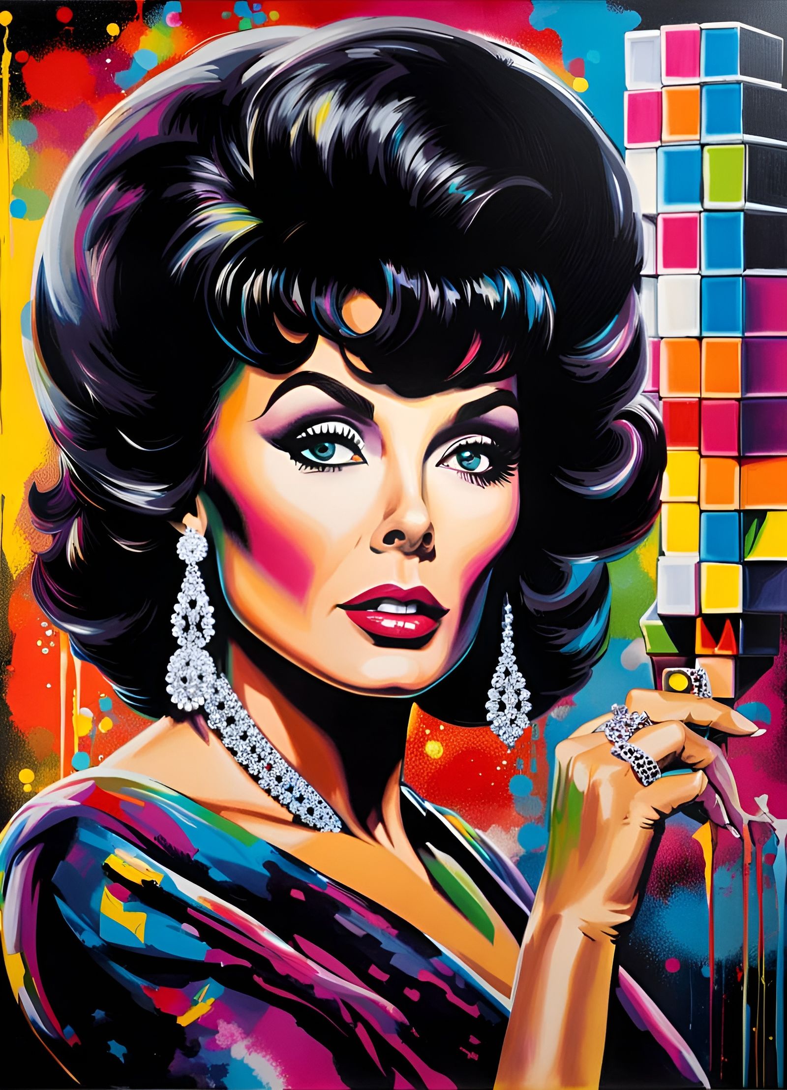 Joan Collins puzzling with Rubik's Cube.