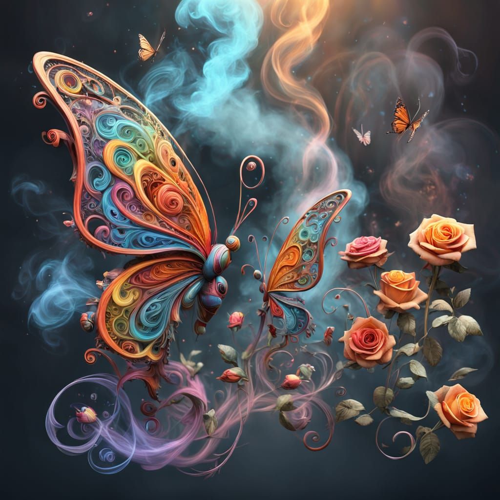 Multi-Colored Smoke Butterflies and Roses