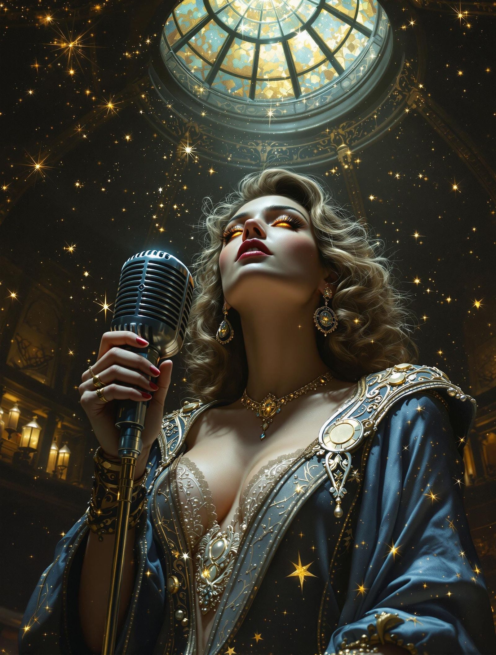 Celestial Singer in 1920s Speakeasy, Mythological Realism