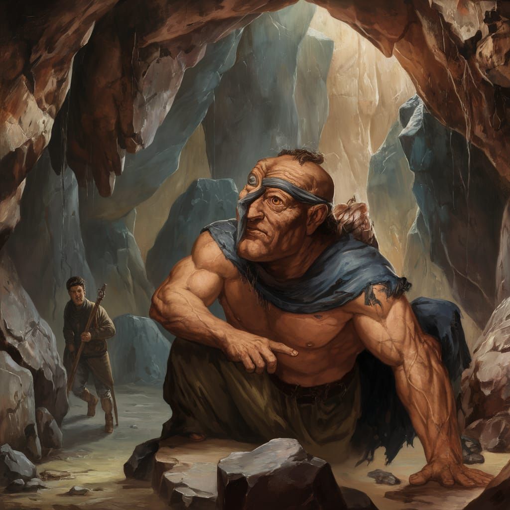 Cyclops in Cave Encounter, Oil Painting