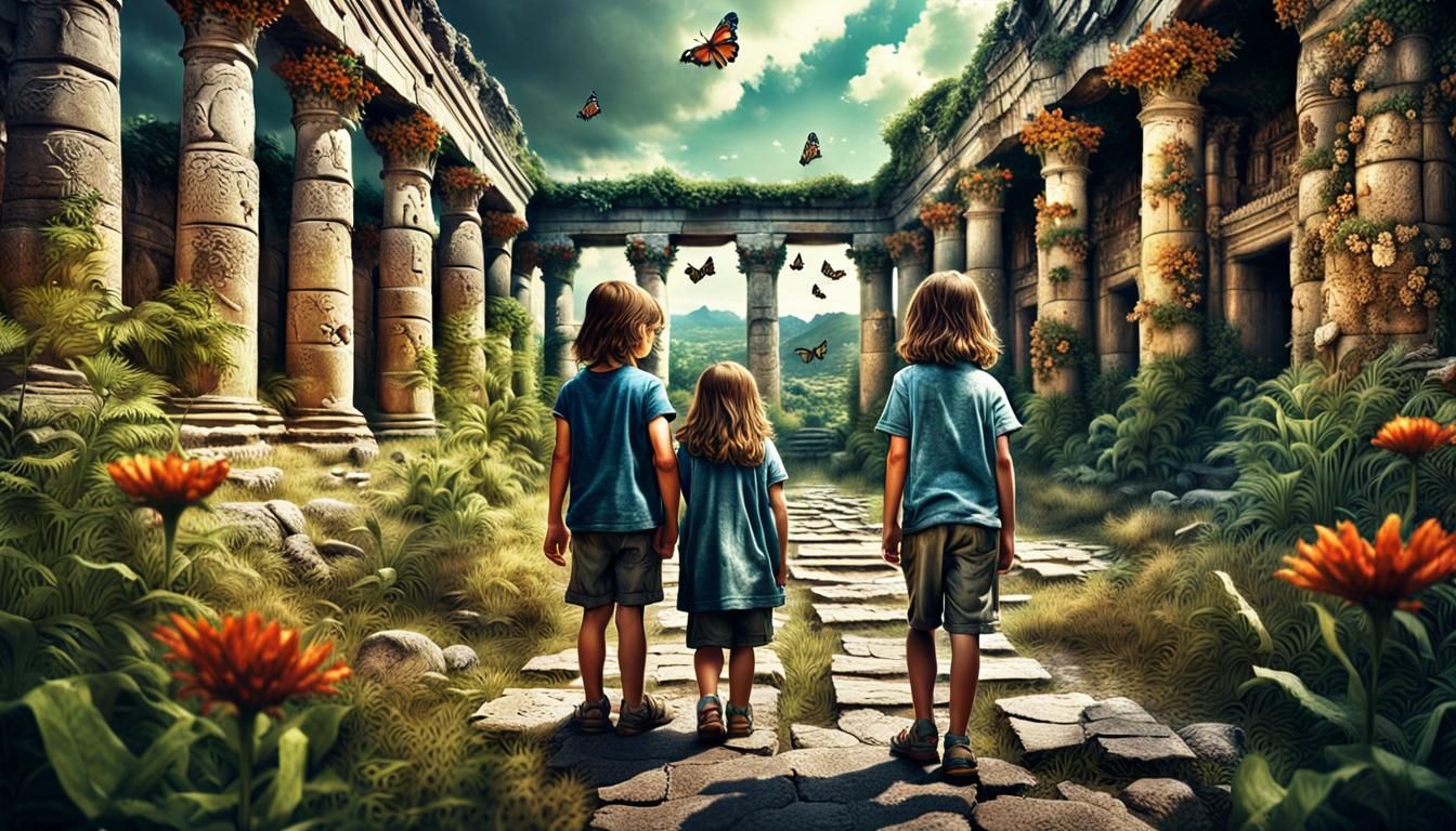 Twins Explore Ancient Ruins: Hyperrealistic HDR Image