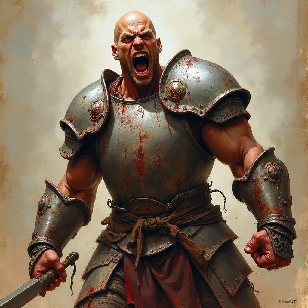 Fierce Warrior in Plate Mail, Covered in Blood and Screaming