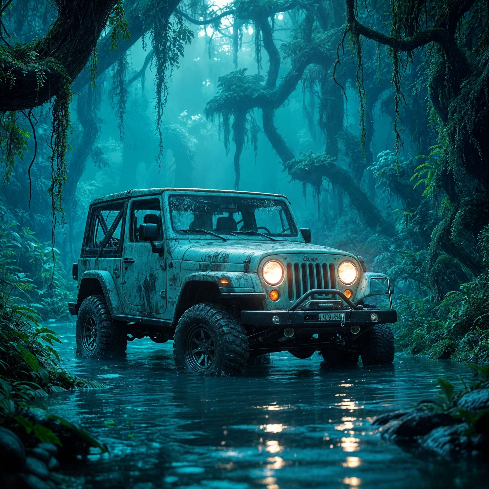 Battered Jeep in Bioluminescent Alien Jungle