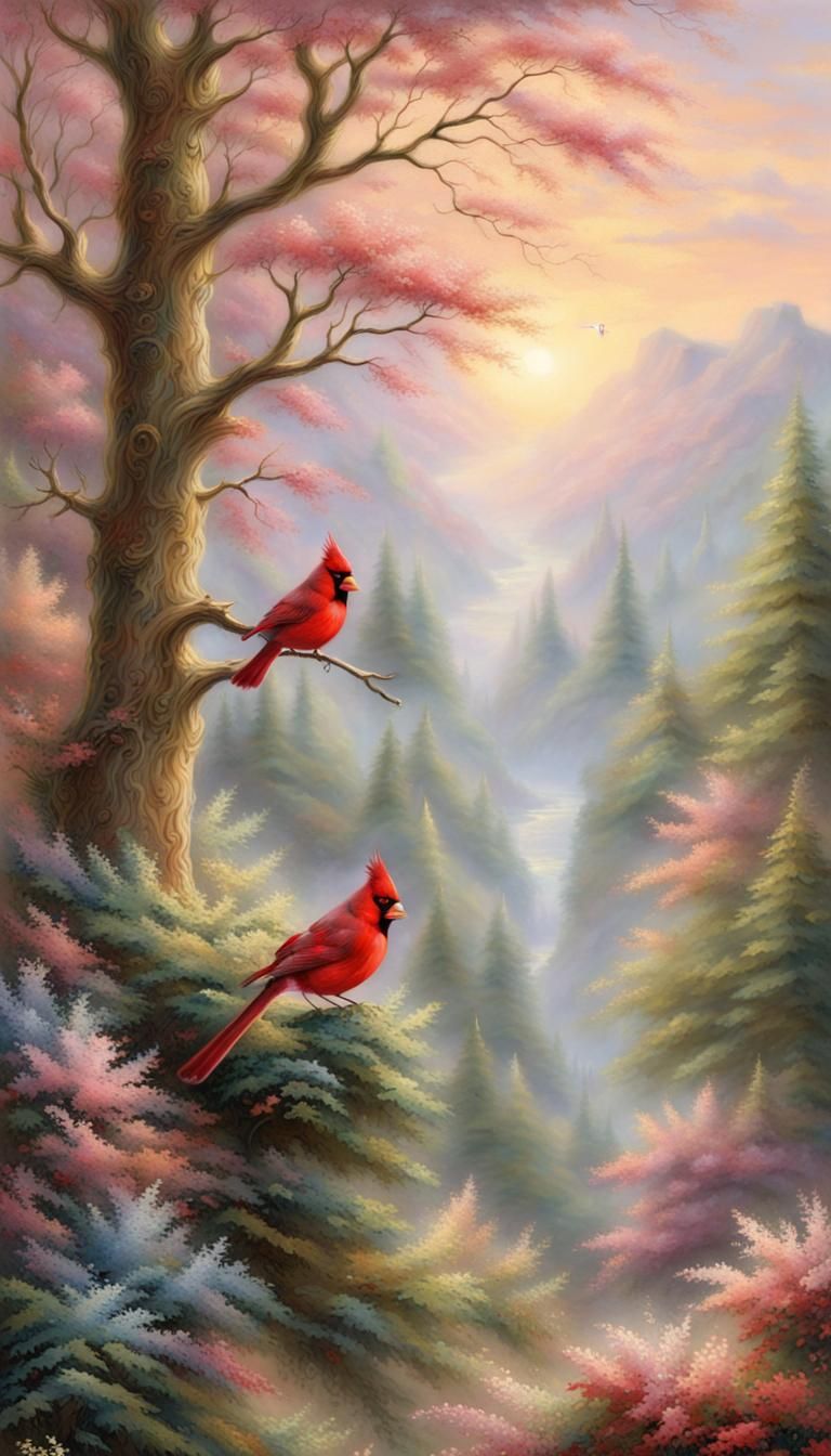 Ethereal Cardinal in Tree with Misty Sunlight
