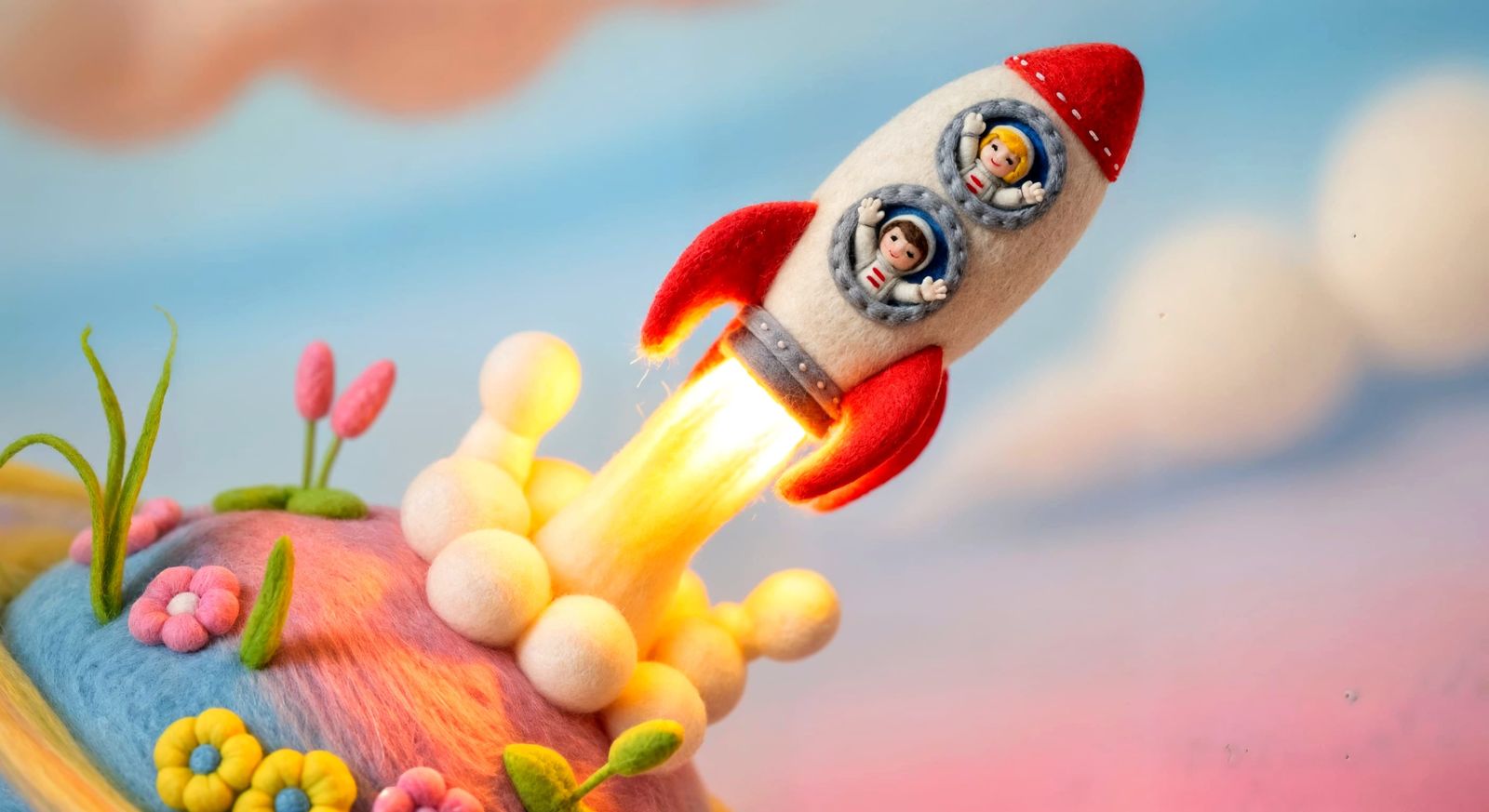 Needle-Felted Rocket Launch on Pastel Planet