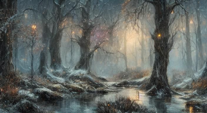 Ethereal Winter Forest Oil Painting