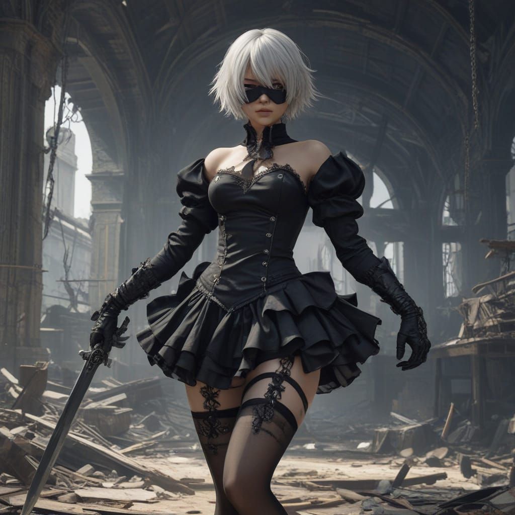 2B in Desolate Cityscape, Exuding Power and Hope