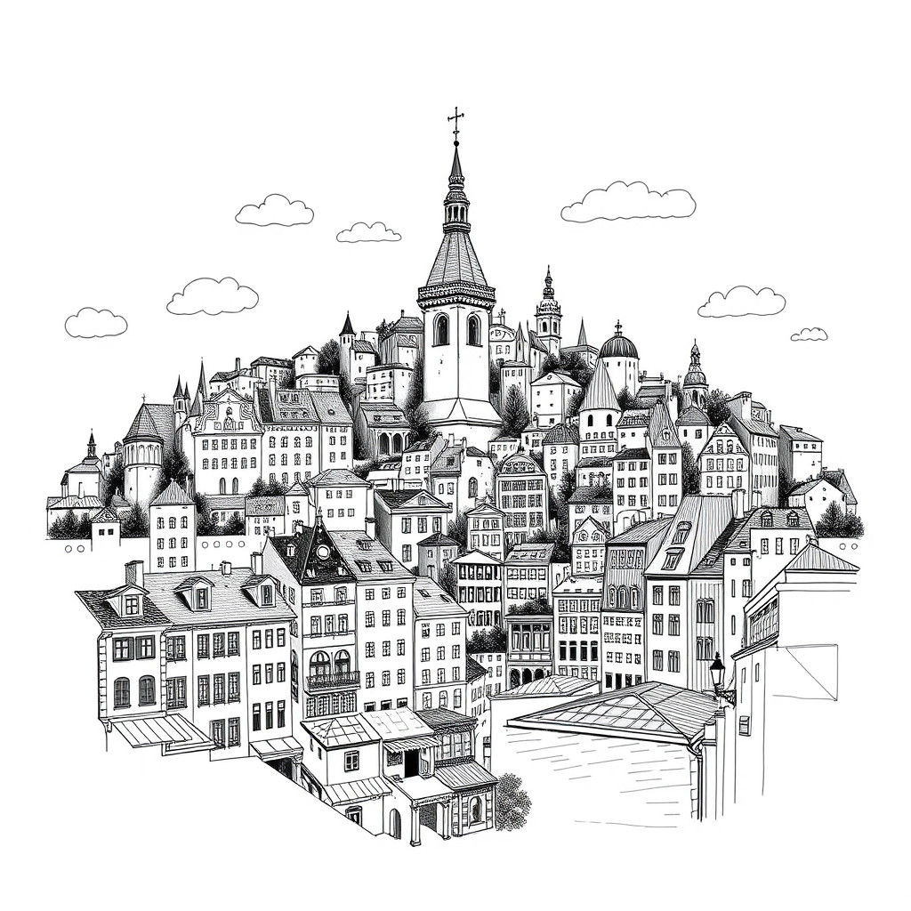 Maximalist European Cityscape in Doodle Drawing Style