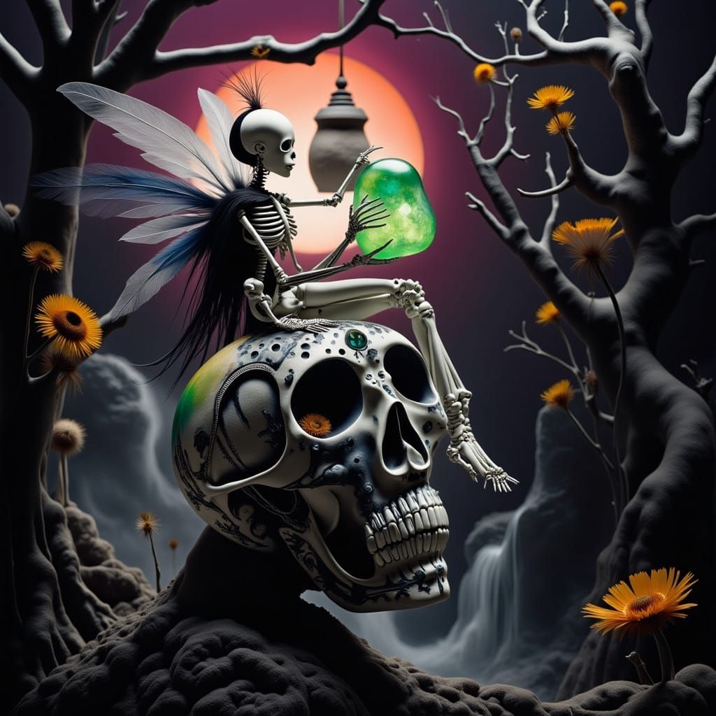 Skeletal Fairy with Bone Wings and Glowing Orb on Sugar Skul...