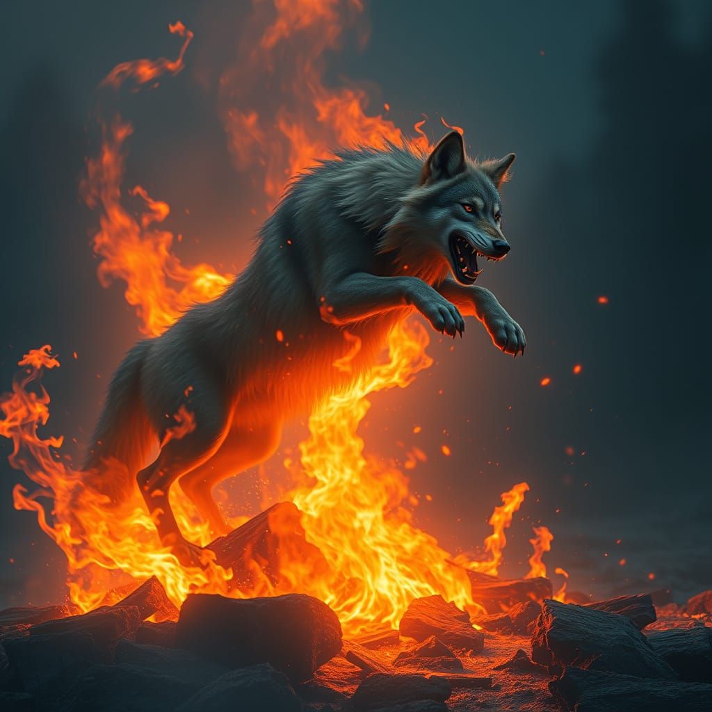 Fiery Wolf Leap: Dark Fantasy Digital Art