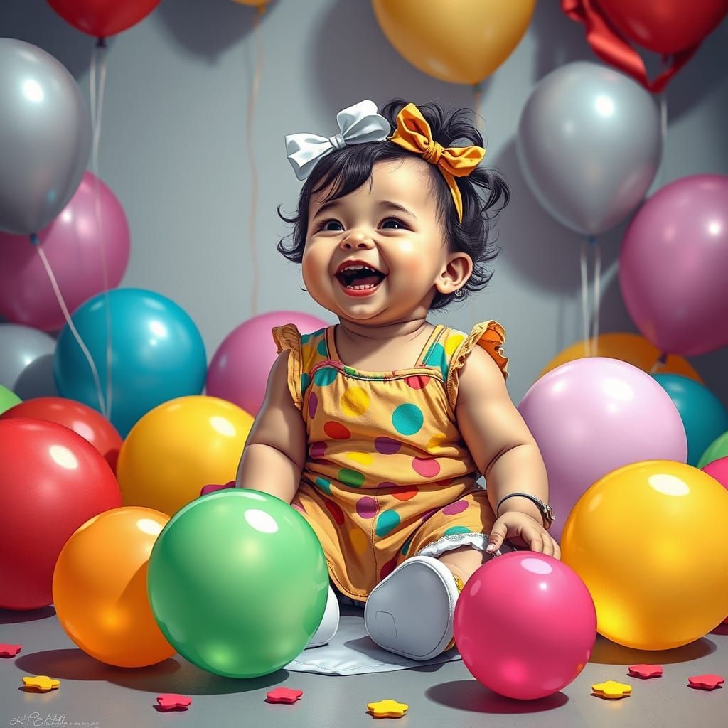 Baby Girl Laughing in Pile of Balloons, Comic Book Style