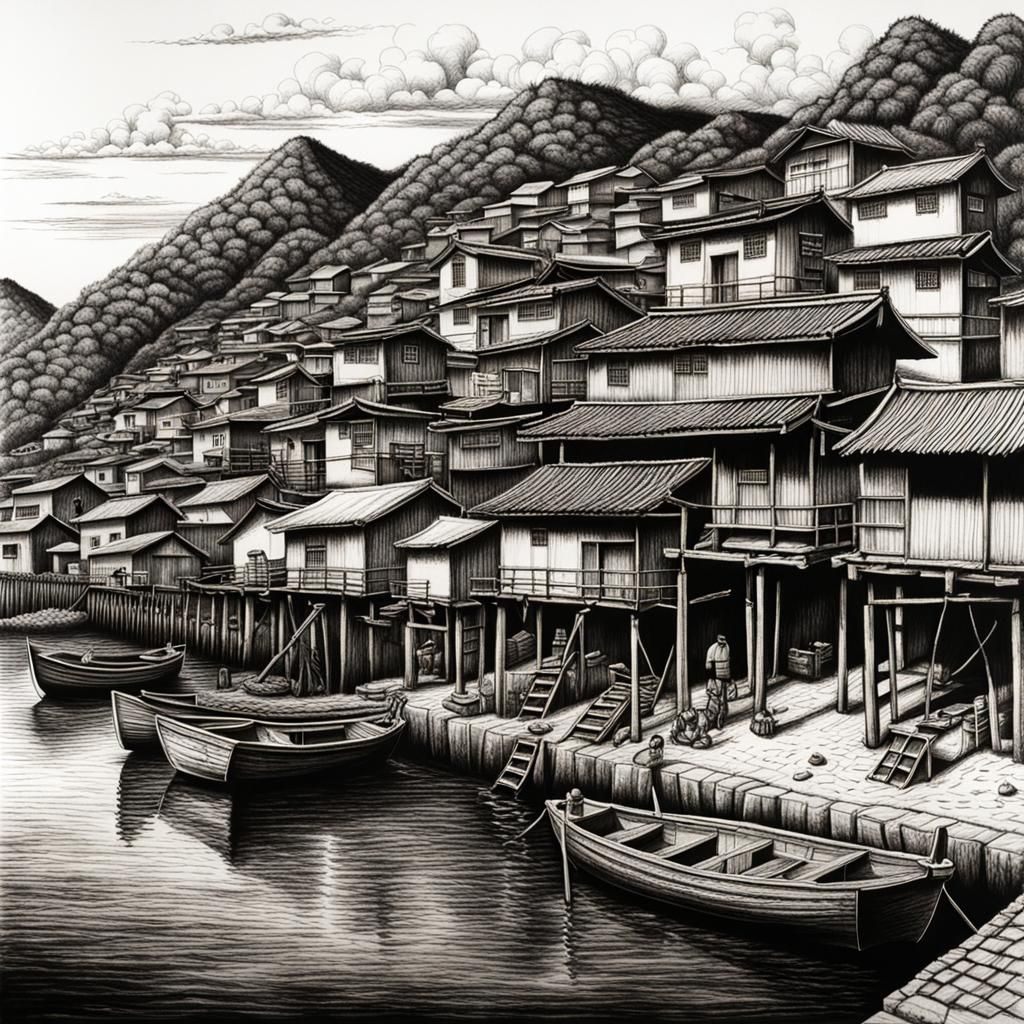 Hyperdetailed Charcoal Drawing of Fisherman's Village